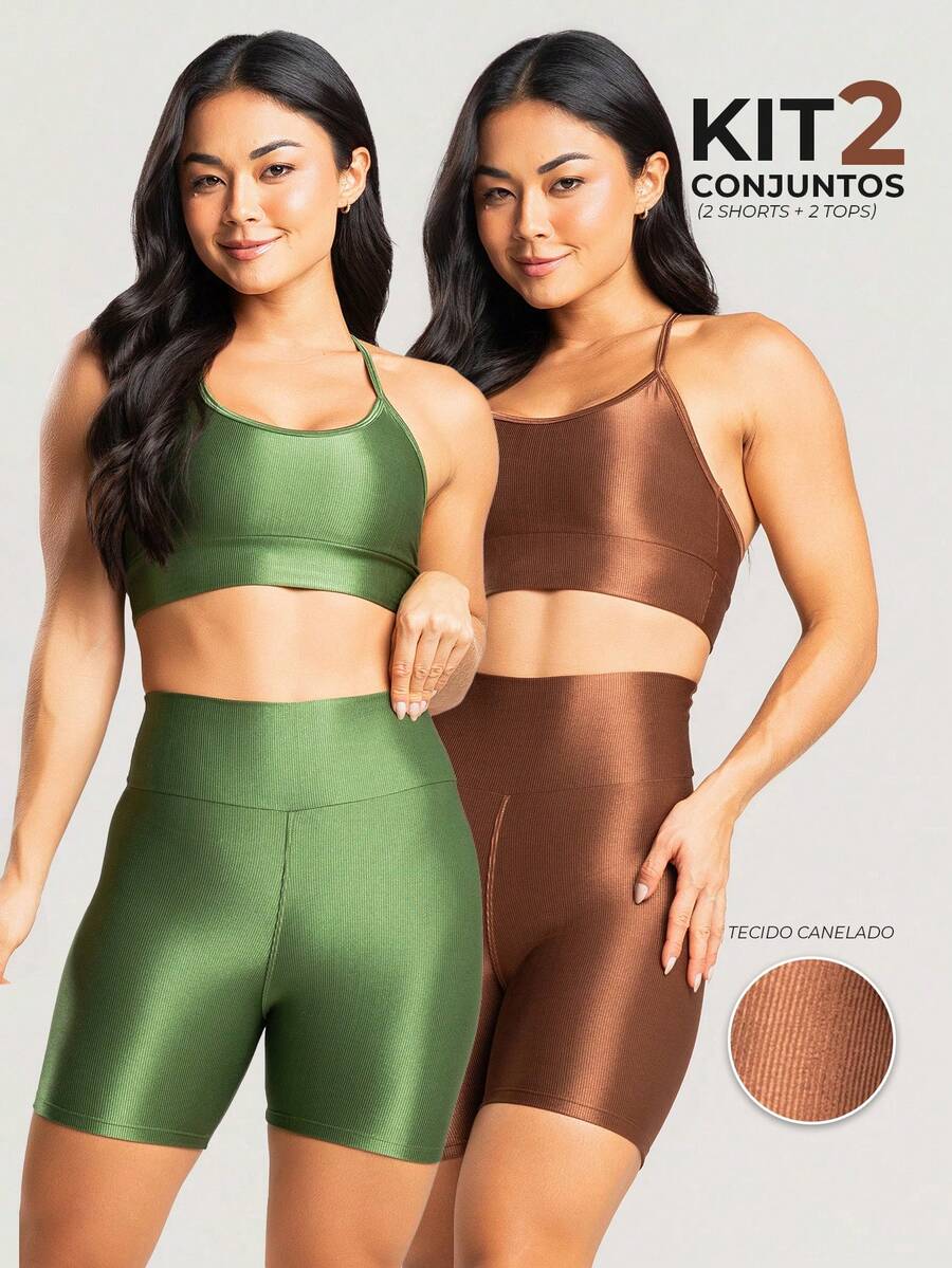 Kit 2 Conjuntos Top e Short Canelado Brilhoso