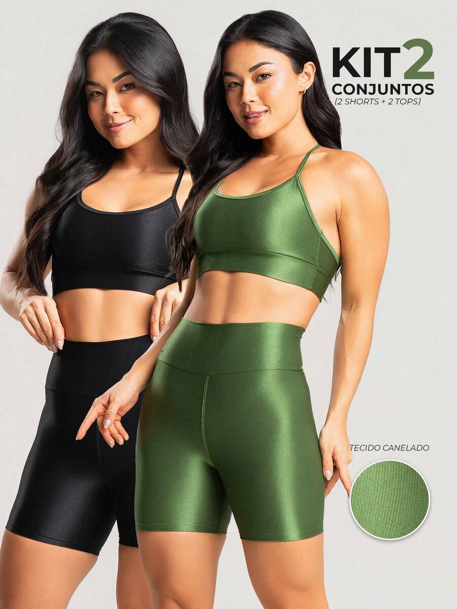 Kit 2 Conjuntos Top e Short Canelado Brilhoso