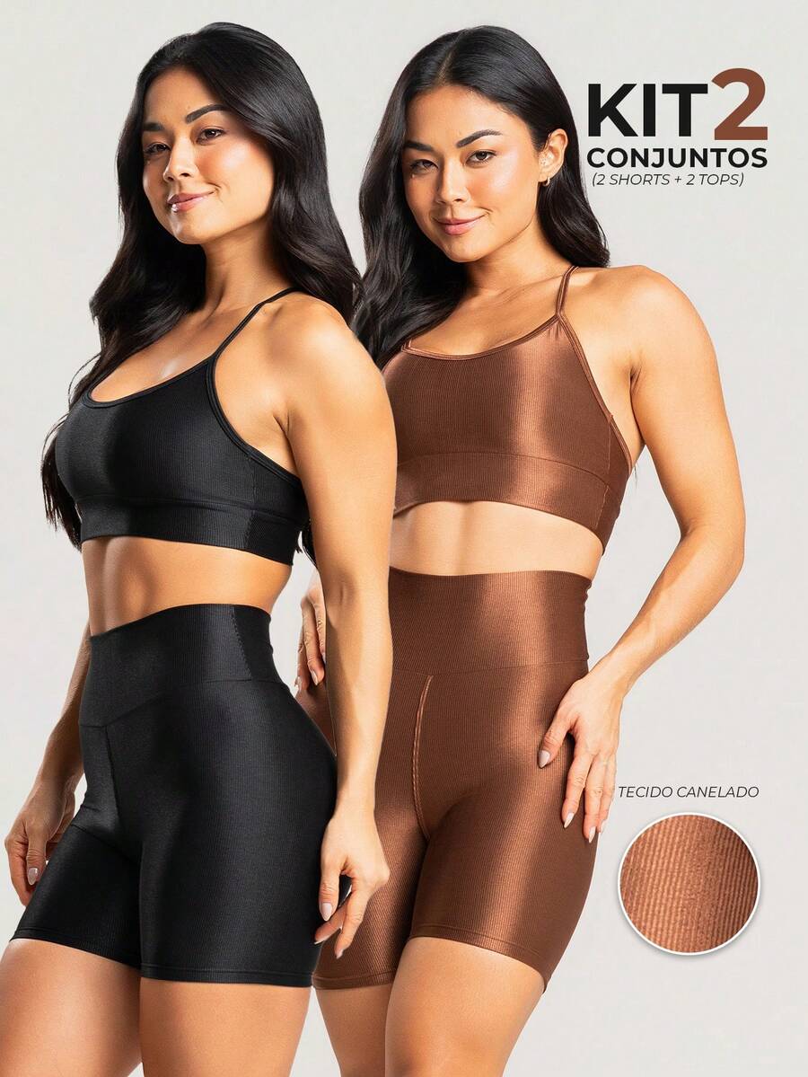 Kit 2 Conjuntos Top e Short Canelado Brilhoso