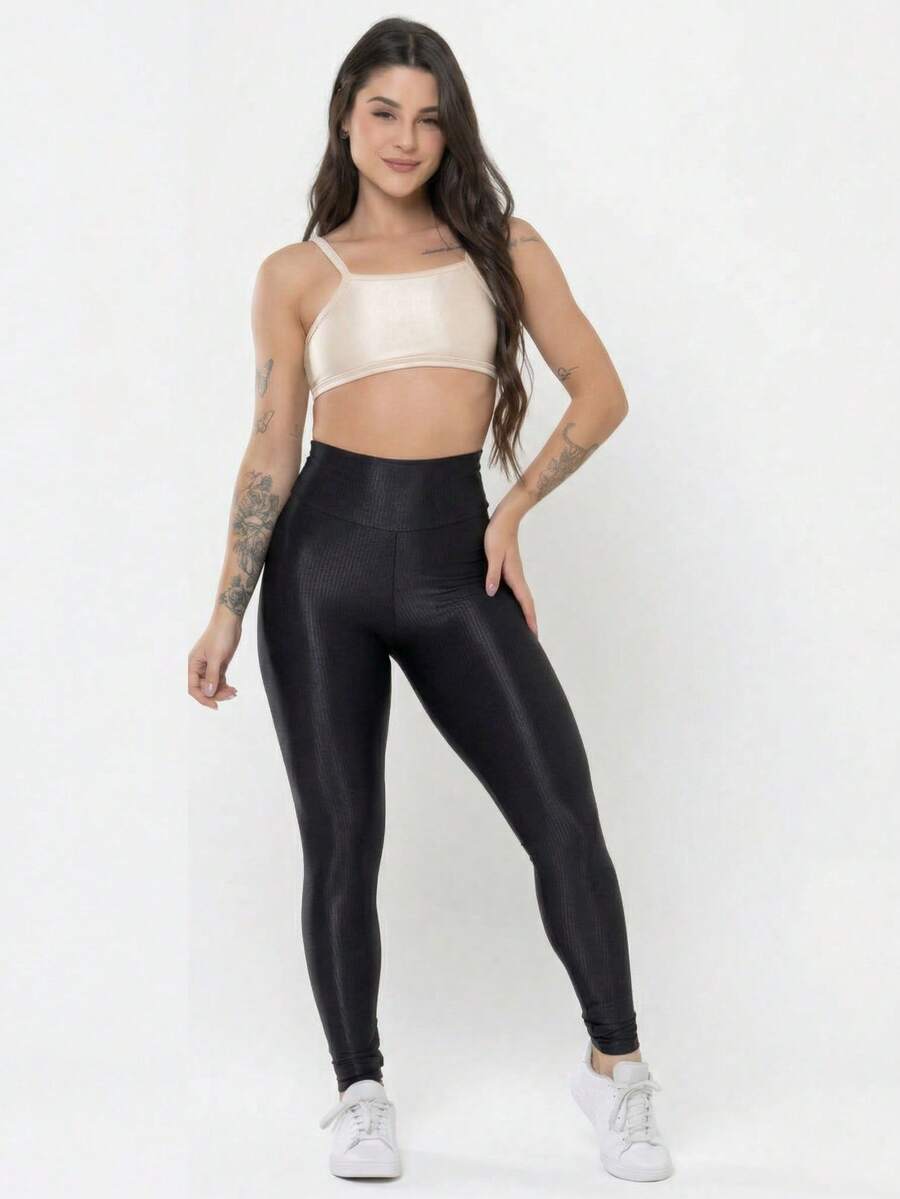 Conjunto Academia Feminino Canelado Brilho Legging Cintura Alta
