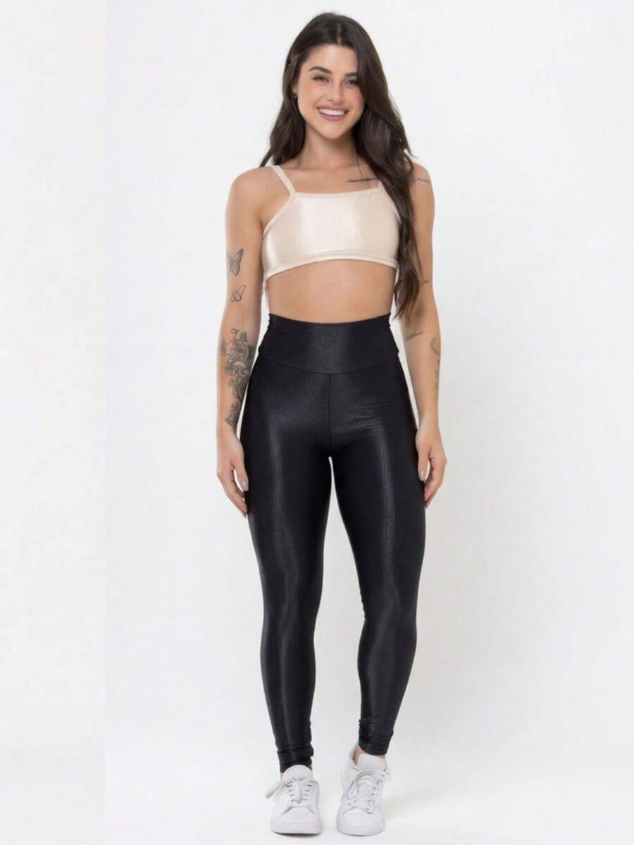 Conjunto Academia Feminino Canelado Brilho Legging Cintura Alta