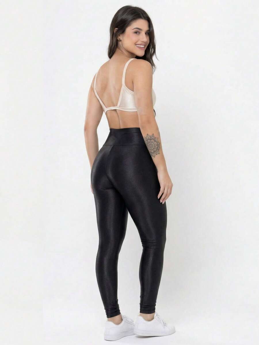 Conjunto Academia Feminino Canelado Brilho Legging Cintura Alta