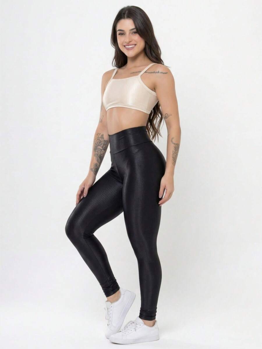 Conjunto Academia Feminino Canelado Brilho Legging Cintura Alta