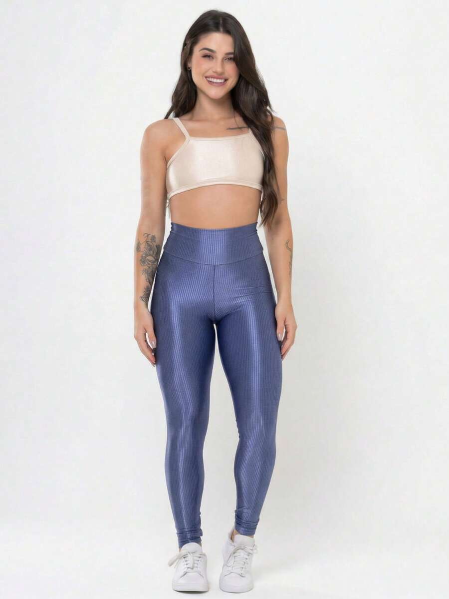 Conjunto Academia Feminino Canelado Brilho Legging Cintura Alta