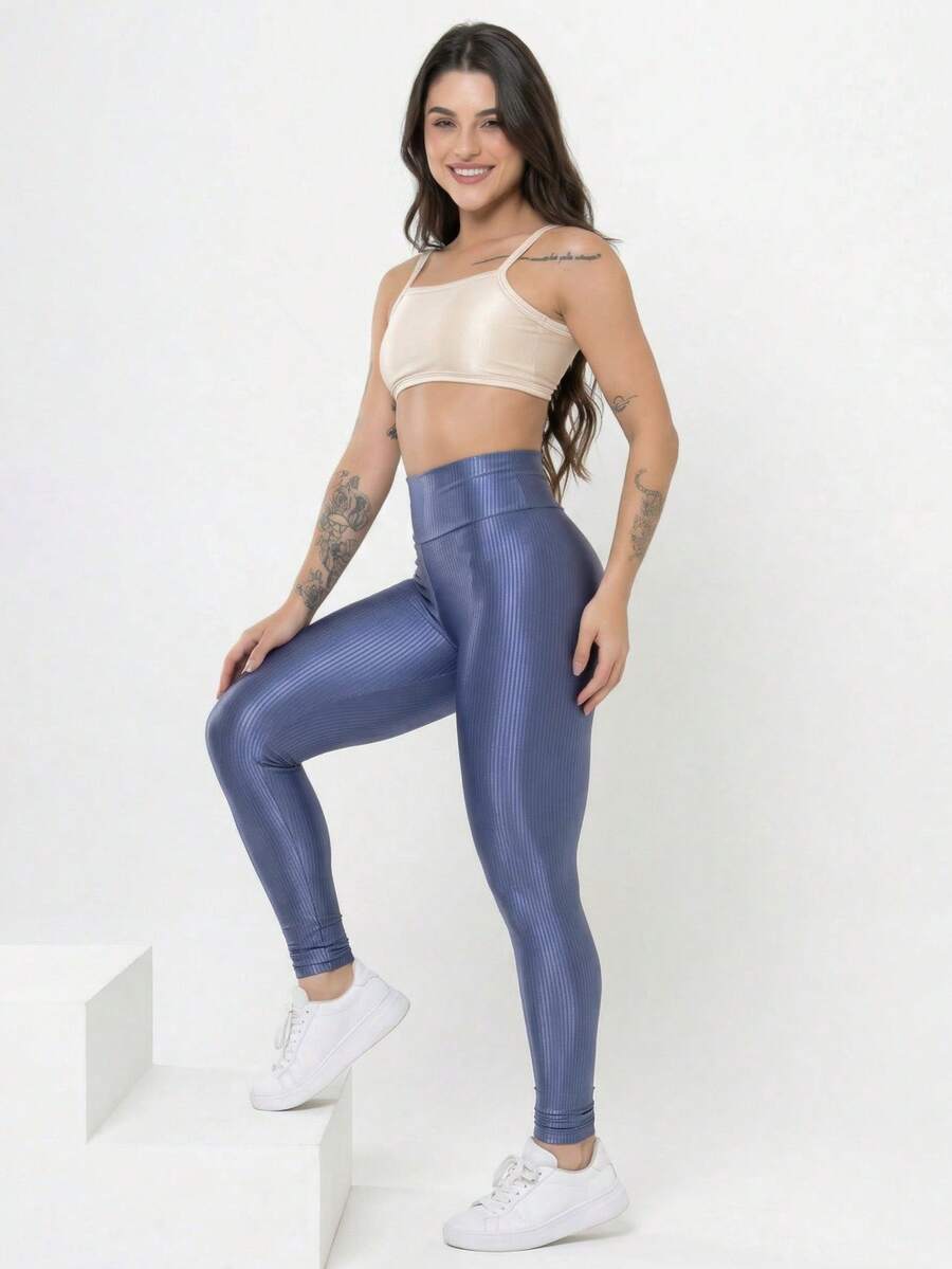 Conjunto Academia Feminino Canelado Brilho Legging Cintura Alta
