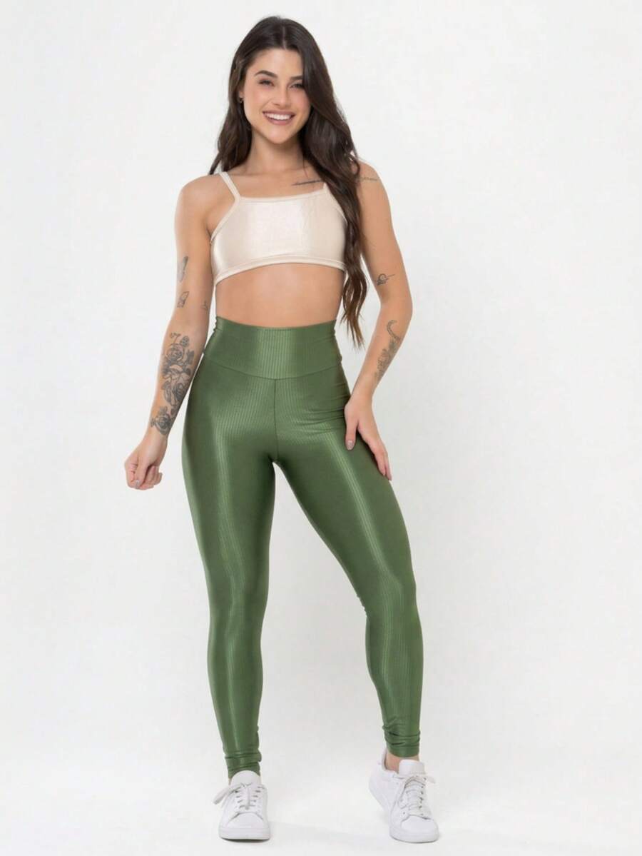 Conjunto Academia Feminino Canelado Brilho Legging Cintura Alta