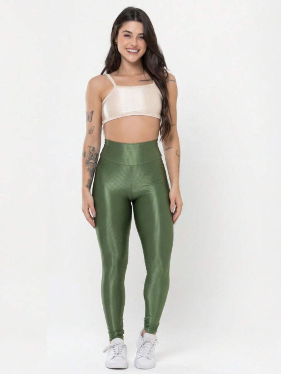 Conjunto Academia Feminino Canelado Brilho Legging Cintura Alta
