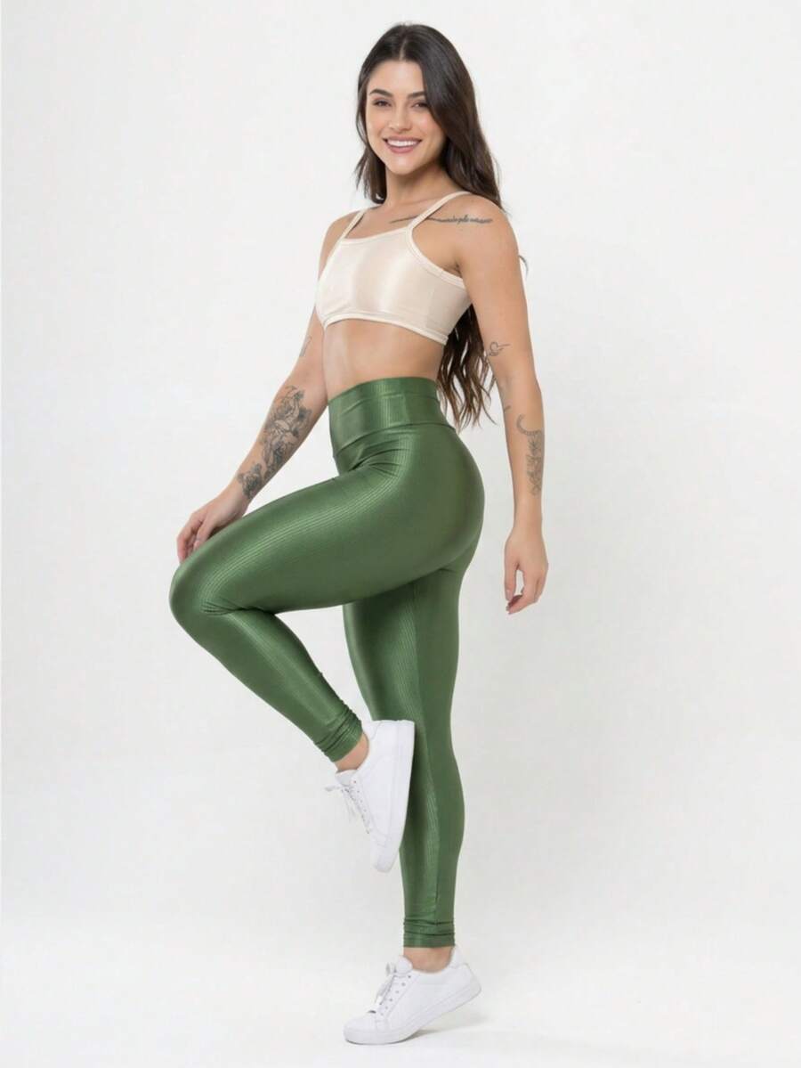 Conjunto Academia Feminino Canelado Brilho Legging Cintura Alta