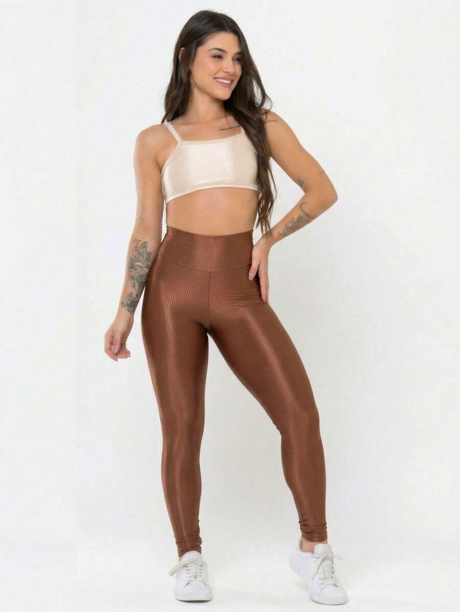 Conjunto Academia Feminino Canelado Brilho Legging Cintura Alta