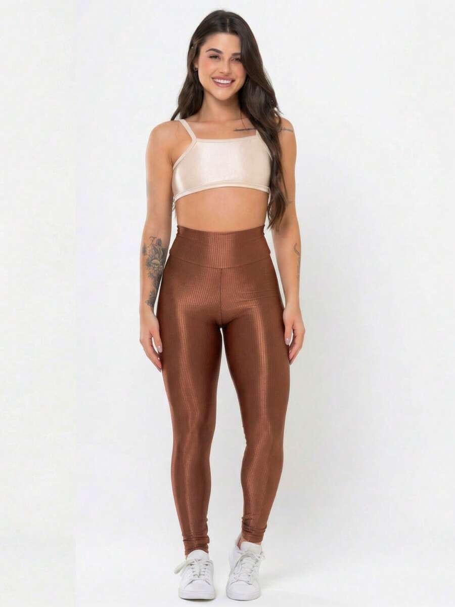 Conjunto Academia Feminino Canelado Brilho Legging Cintura Alta