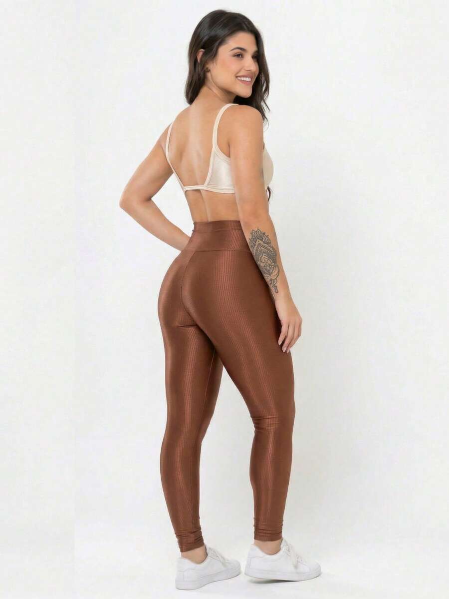 Conjunto Academia Feminino Canelado Brilho Legging Cintura Alta