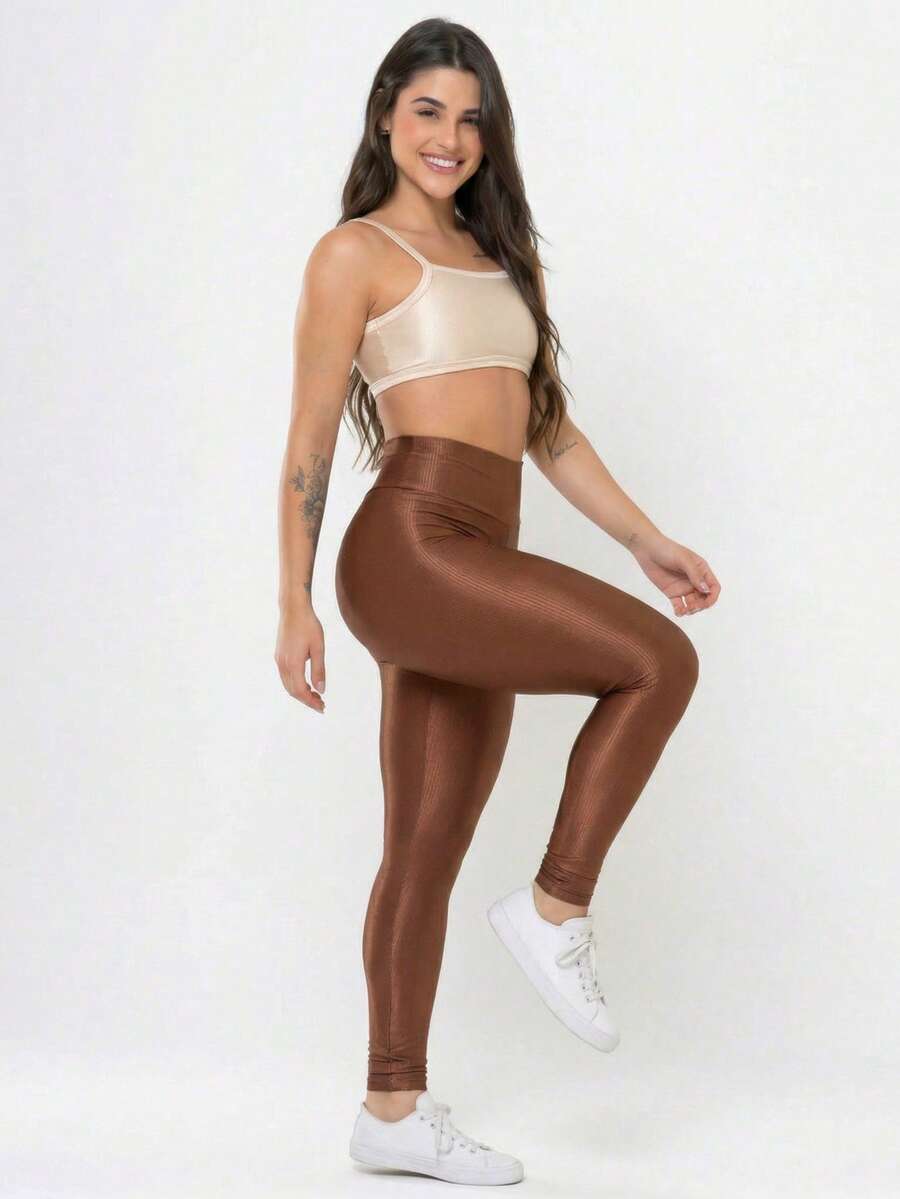 Conjunto Academia Feminino Canelado Brilho Legging Cintura Alta