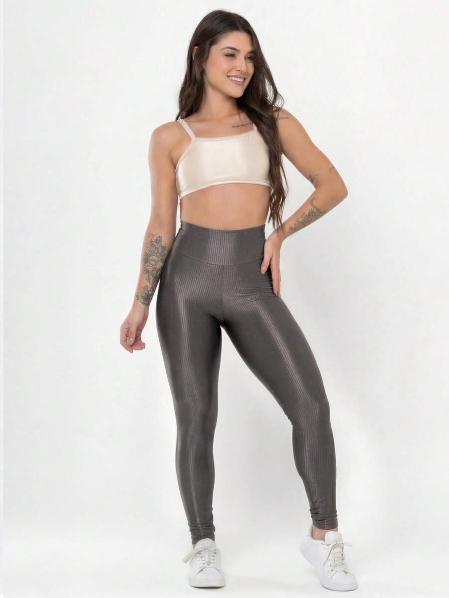 Conjunto Academia Feminino Canelado Brilho Legging Cintura Alta