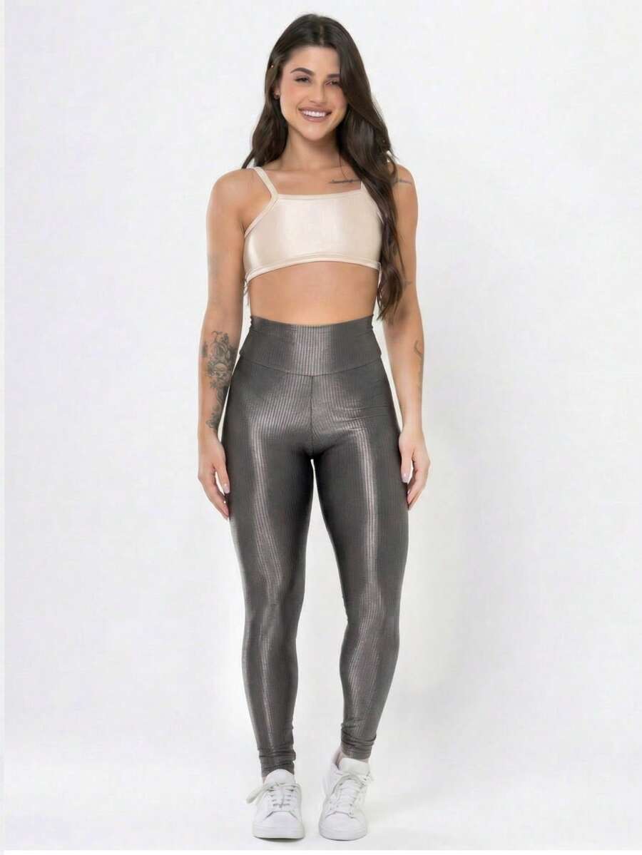 Conjunto Academia Feminino Canelado Brilho Legging Cintura Alta