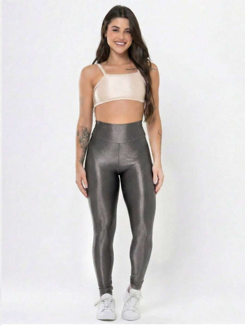 Conjunto Academia Feminino Canelado Brilho Legging Cintura Alta
