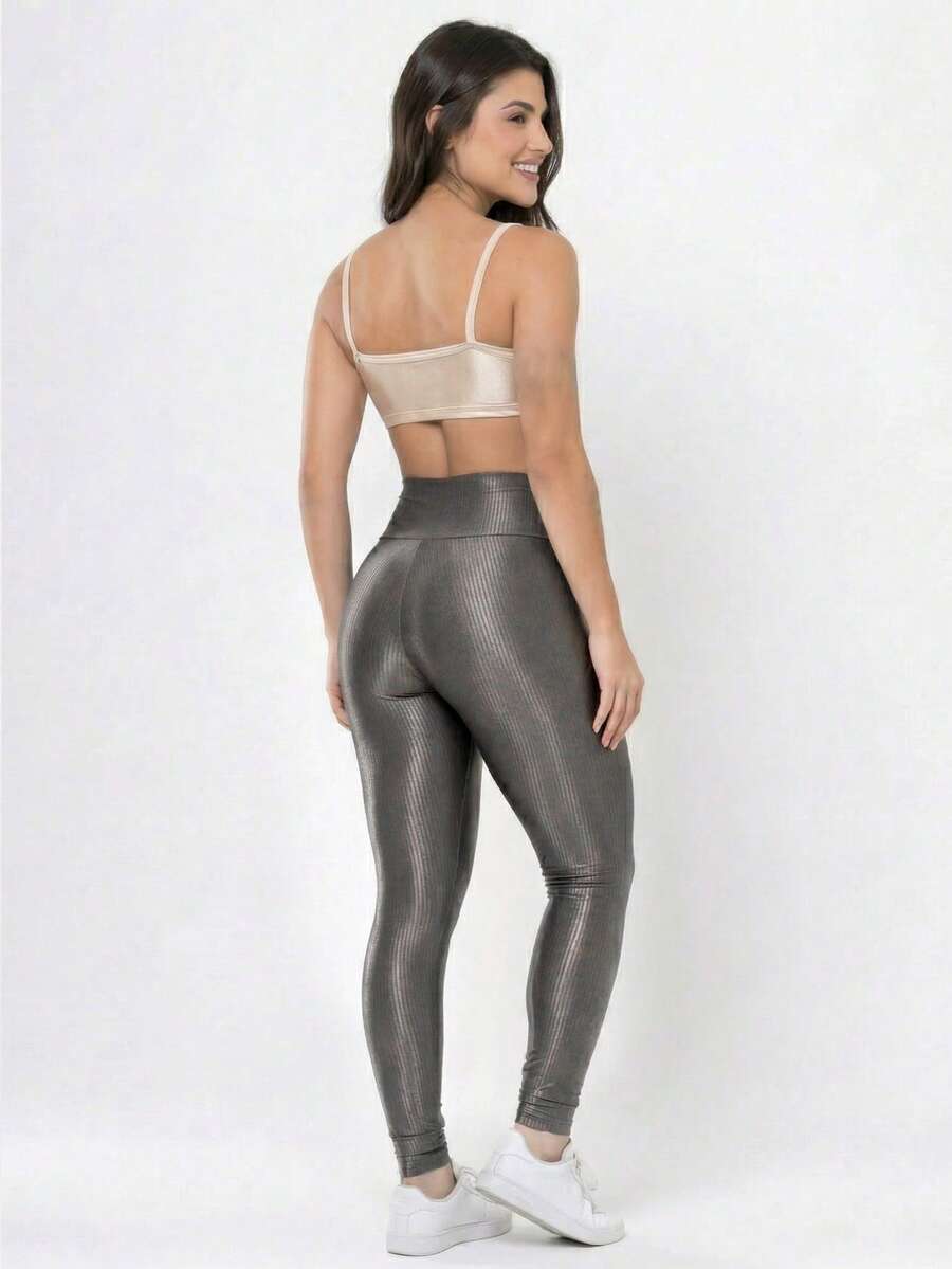 Conjunto Academia Feminino Canelado Brilho Legging Cintura Alta