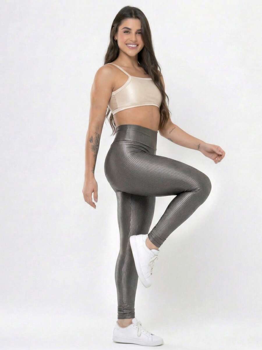 Conjunto Academia Feminino Canelado Brilho Legging Cintura Alta