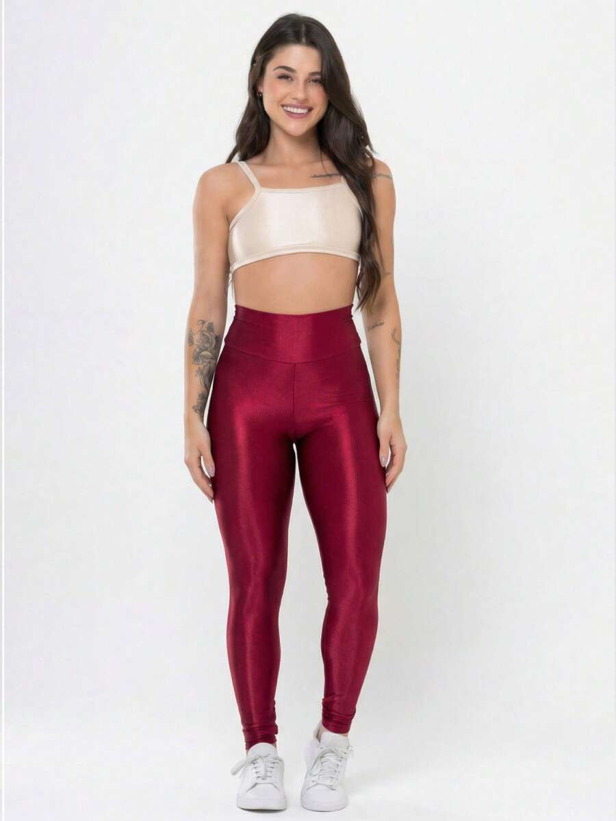 Conjunto Academia Feminino Canelado Brilho Legging Cintura Alta