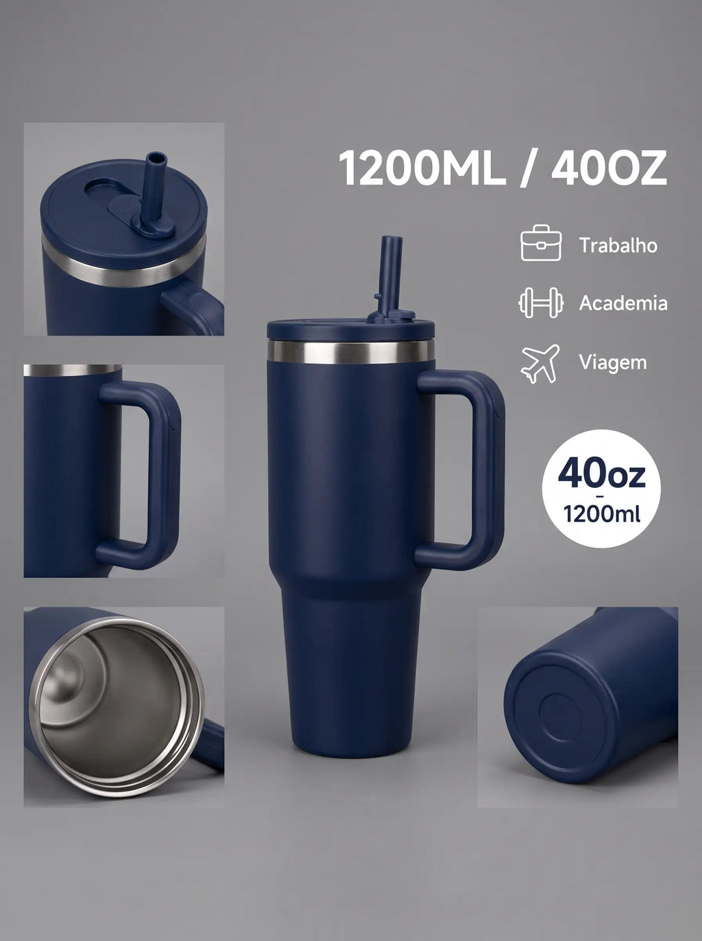 Copo Térmico 1200ml Inox com Alça e Canudo