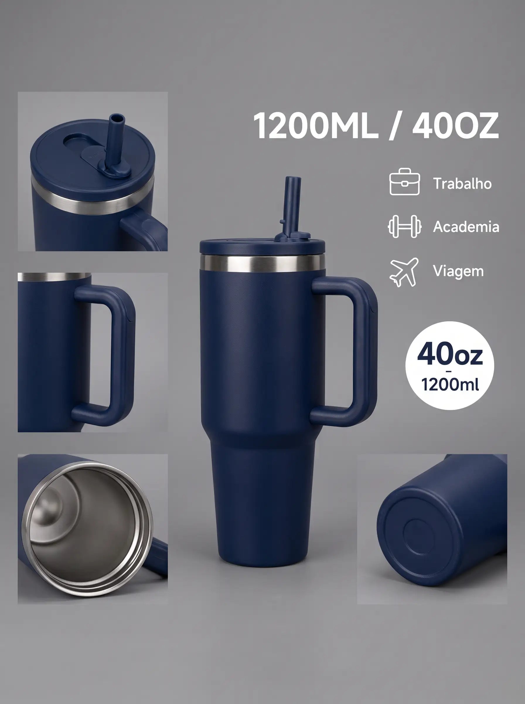 Copo Térmico 1200ml Inox com Alça e Canudo